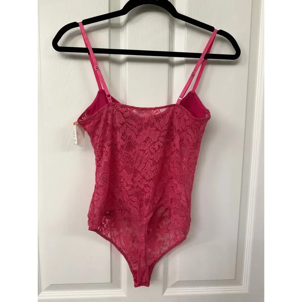 Free People Intimately Pink Lace Hook Front Bodysuit NWT Small Lace Night Rhythm